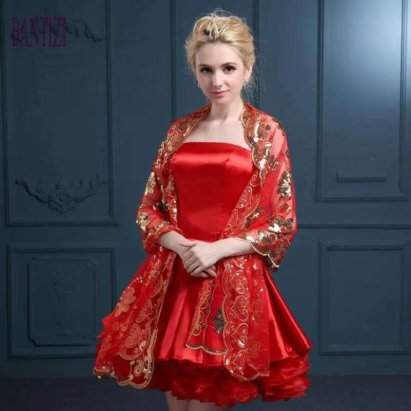 Red Bridal Wraps Lace Sequins Embroidery Wedding Belero Women Dresses Accessories Free Shipping Long Cape | Свадьбы и торжества