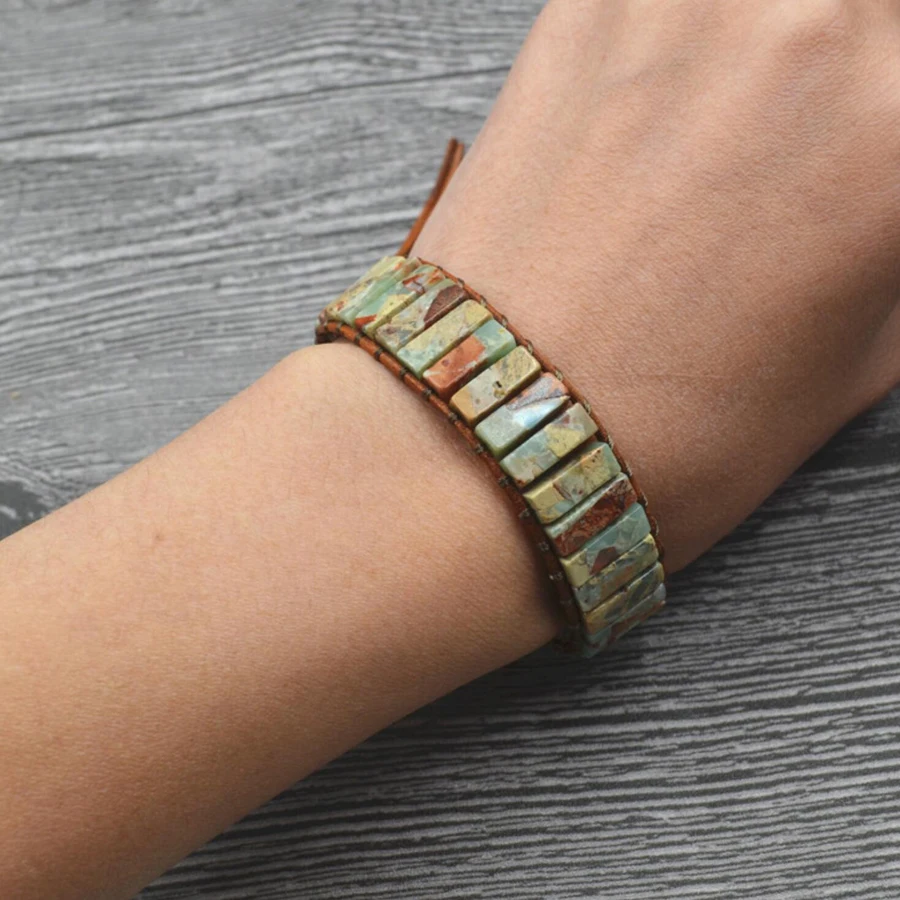 

New Bohemia Bracelet Natural Amazonite Labradorite stone Leather Wrap Bracelet