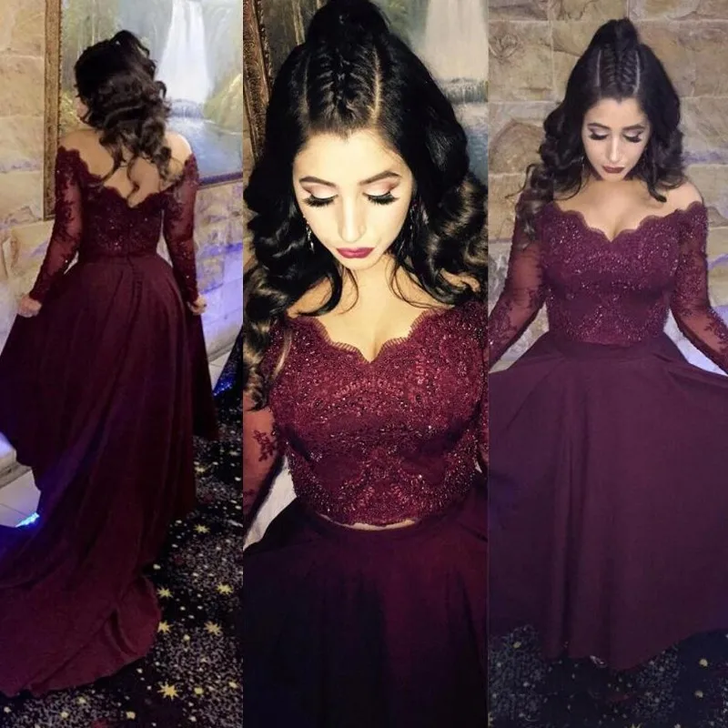 

2019 Vintage Two Piece Lace Off-the-Shoulder Long Sleeves Illusion High Low Floor Length Maroon Prom Dress with Appliques