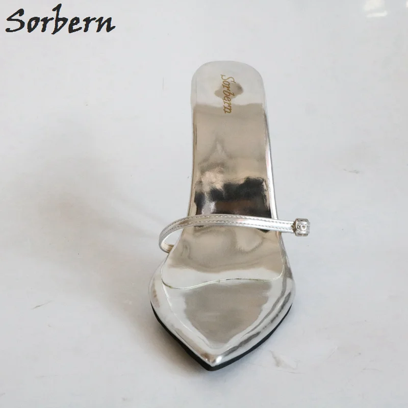 Sorbern/Новинка Серебристые шлепанцы на каблуке 12 см 14 16 женские туфли тонком