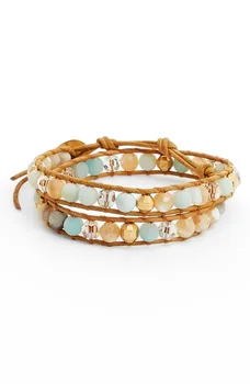 

JTJACKTU gold copper laser beads mix natural amazonite stone double wrap bracelet leather