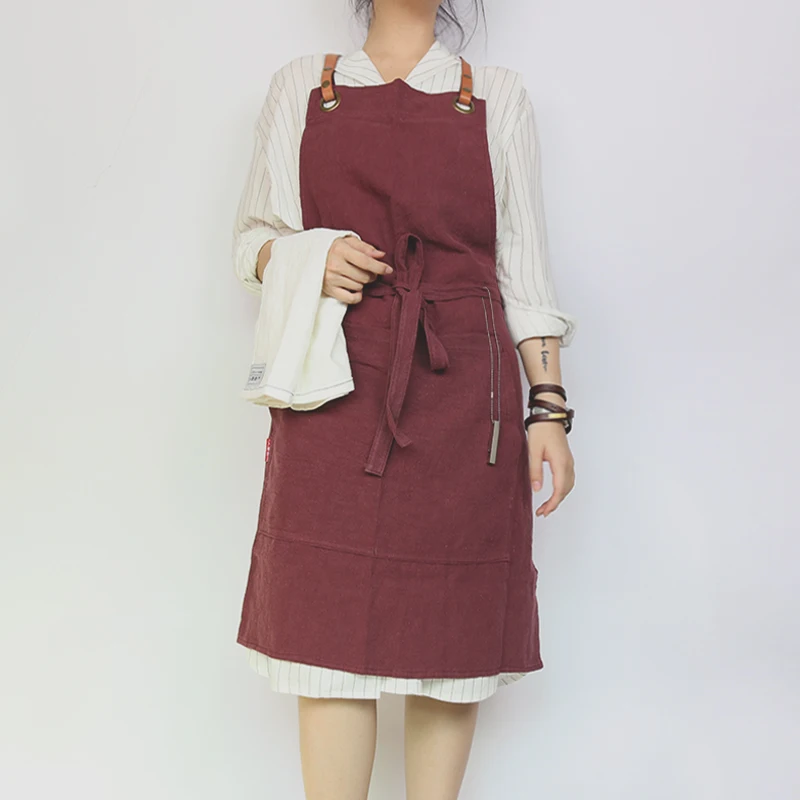 WEEYI Linen Cooking Apron For Woman Men With Leather Strap Unisex Bartender Bakers Painters Barista Kitchen Aprons delantal