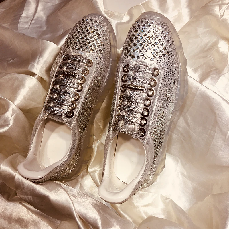 

YS 920039 rhinestone crystal air cushion sole sneakers lace up casual running shoes leather lycra sports 6cm heel vulcanize shoe