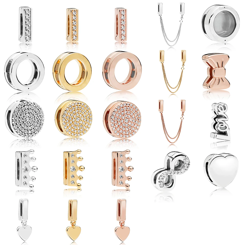 

CHAMSS 2018 New Autumn Rose Gold Reflexions Bow Heart Clip Charm Bracelet Accessories Beaded PAN925 Sterling Silver Charm