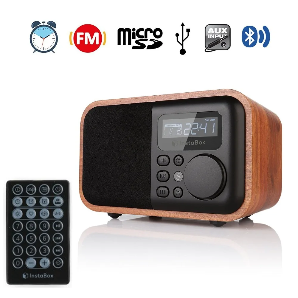 

InstaBox i90 FM Radio Wooden Digital Multi-Functional Speaker Bluetooth Alarm Clock MP3 Player Supports Micro SD/TF Card USB AUX