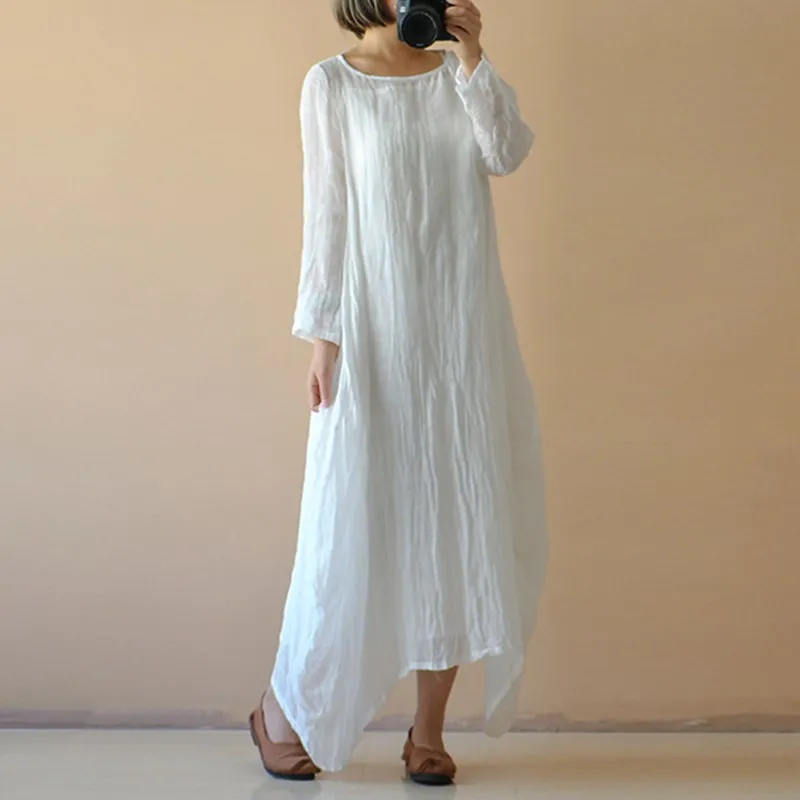 Женское богемное льняное платье, женское повседневное свободное летнее пляжное белое платье, Женское Платье макси с длинным рукавом, женское платье размера плюс - Цвет: Белый
