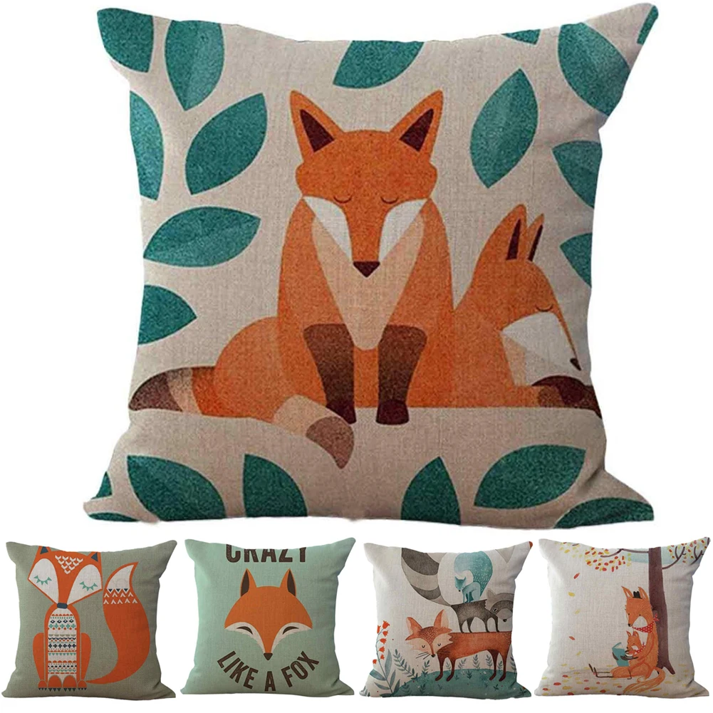 

18 Inch Cartoon Fox Pattern Linen Cushion Case Throw Pillow Cover
