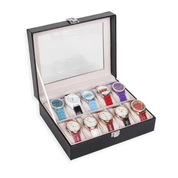 

High Quality Leather 10 Grid Wrist Watch Display Box Jewelry Storage Holder Watch Collection Organizer Gift Case Glass Cover