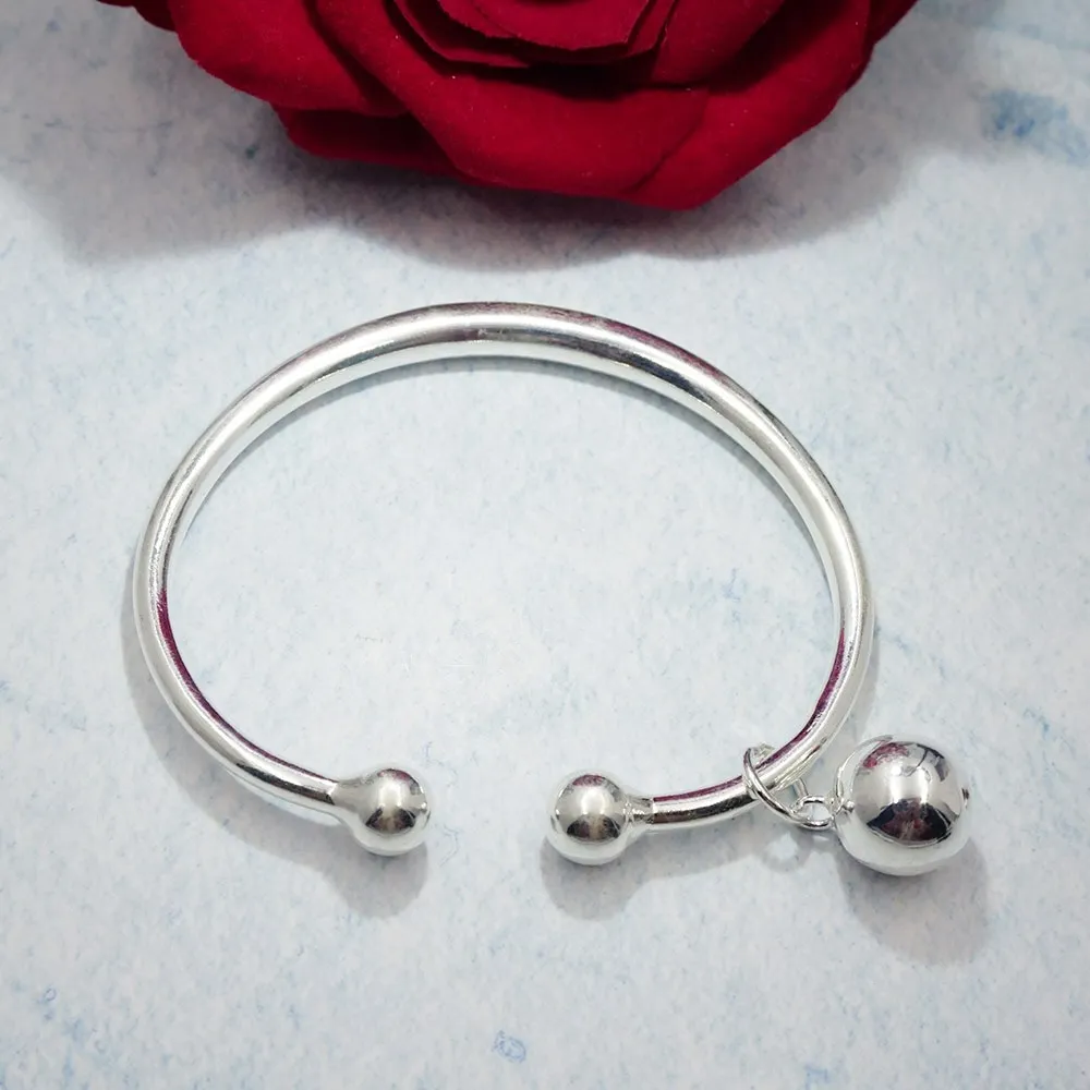 

Authentic 990 Sterling Silver Handmade Ball Charm Bracelet Vintage Open Bangle for Women Girls Fashion Jewelry Gift