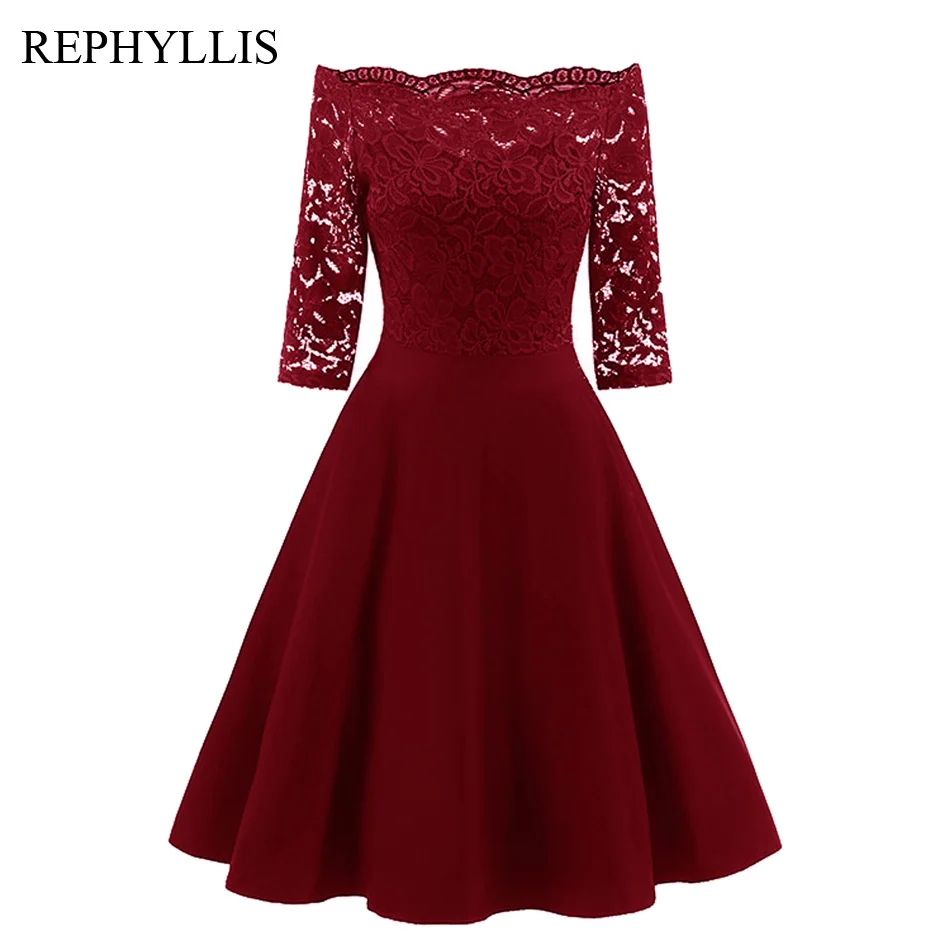 Goede REPHYLLIS Vrouwen Lace 1 2 Mouwen Vintage Stiksels Cocktail Bruiloft Gast Party Ceremonie Elegante Midi Jurk