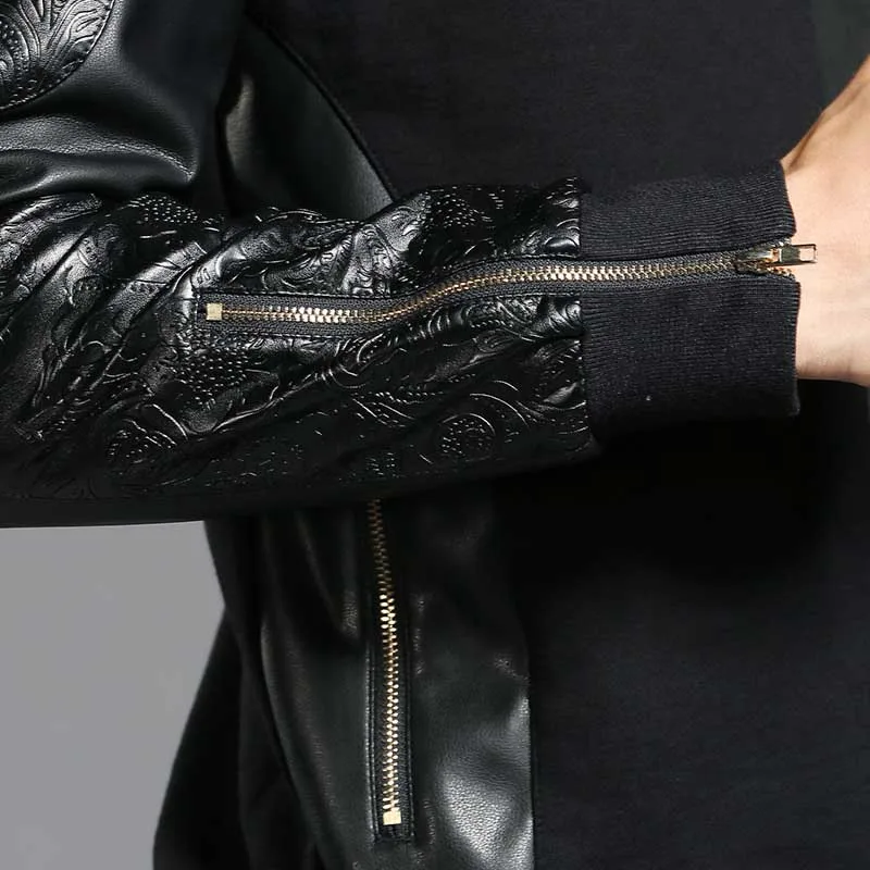 New Fashion PU Zipper Sleeve Hoodie Jacket Korean Style Men's Sweatshirt Casual Slim Pullover Jacket Spring Autumn Male Clothing