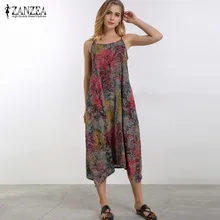 2018 ZANZEA Для женщин Boho Цветочный принт Лето рукавов Повседневное свободные пляжные миди платье-комбинация вечерние Хлопковый сарафан Vestido плюс Размеры