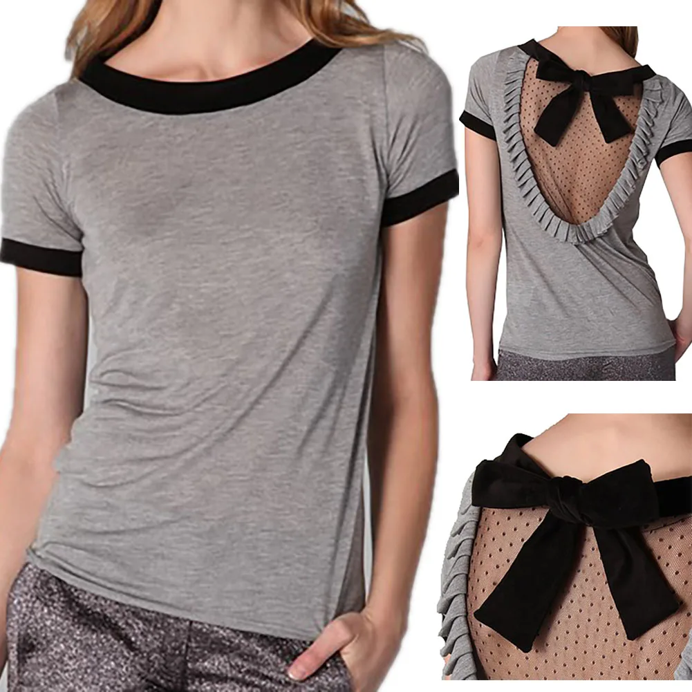 Новый Для женщин blusas сзади Кружево сетки шить футболка с бантом одноцветное Топы