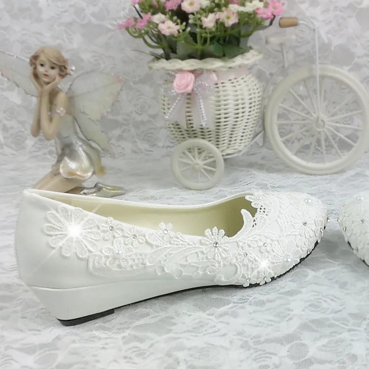 Blanc 3 Cm De Parti Applique Shoes Mariée Coins Mode Sorbern Wedges Main Talons Mariage Chaussures Dentelle Pompes dPqWB7