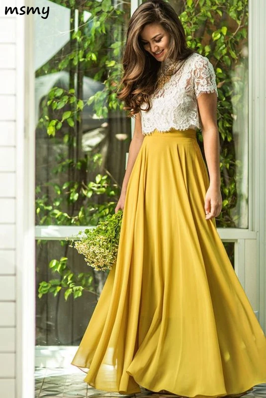 a line white lace long prom gown, 2 pieces yellow evening dress3