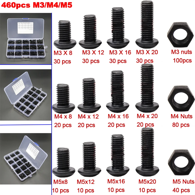 

460Pcs M3 M4 M5 Alloy Steel Countersunk Flat Head Hex Socket Cap Screws Nuts