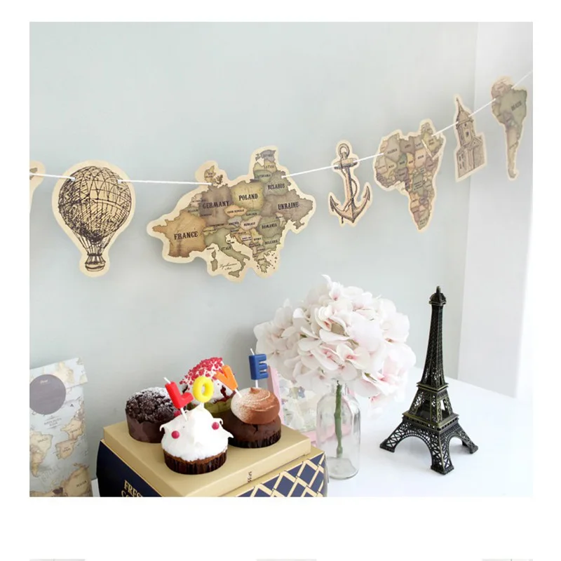 

9pcs Ancient World Map Flags Garland Pennants Anchor Fire Balloon Paper Banner World Travel String Bunting for Home Decoration