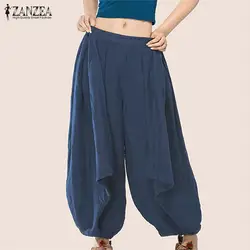 ZANZEA широкие брючины гарем Твердые Для женщин летние элистичные, средней, посадки Повседневные свободные штаны хлопок длинные широкие