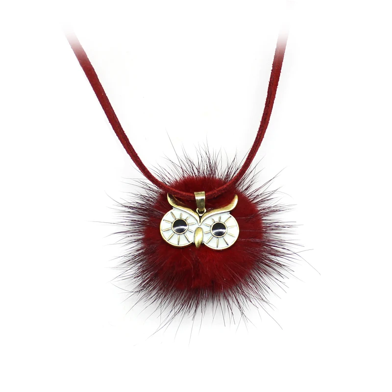 

Multicolor Feather Pompom Owl Pattern Pendant Necklace Cute Fur Ball Long Leather Sweater chain Female Jewelry
