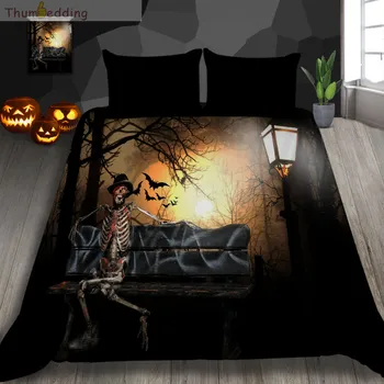

Thumbedding Night Skull Bedding Set Moon Bat Halloween Duvet Cover Twin Full Queen King Western Decoration Bed Set 3pcs
