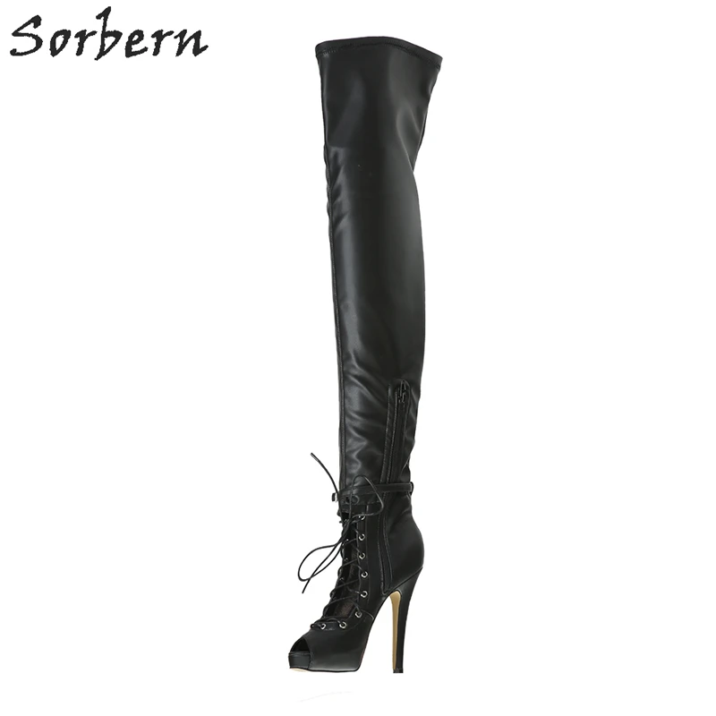 

Sorbern Black Women Boots Over Knee Length HIgh Thin Heels Boots Custom Color Peep Toe Zipper Fashion Cosplay Party Boots 2018
