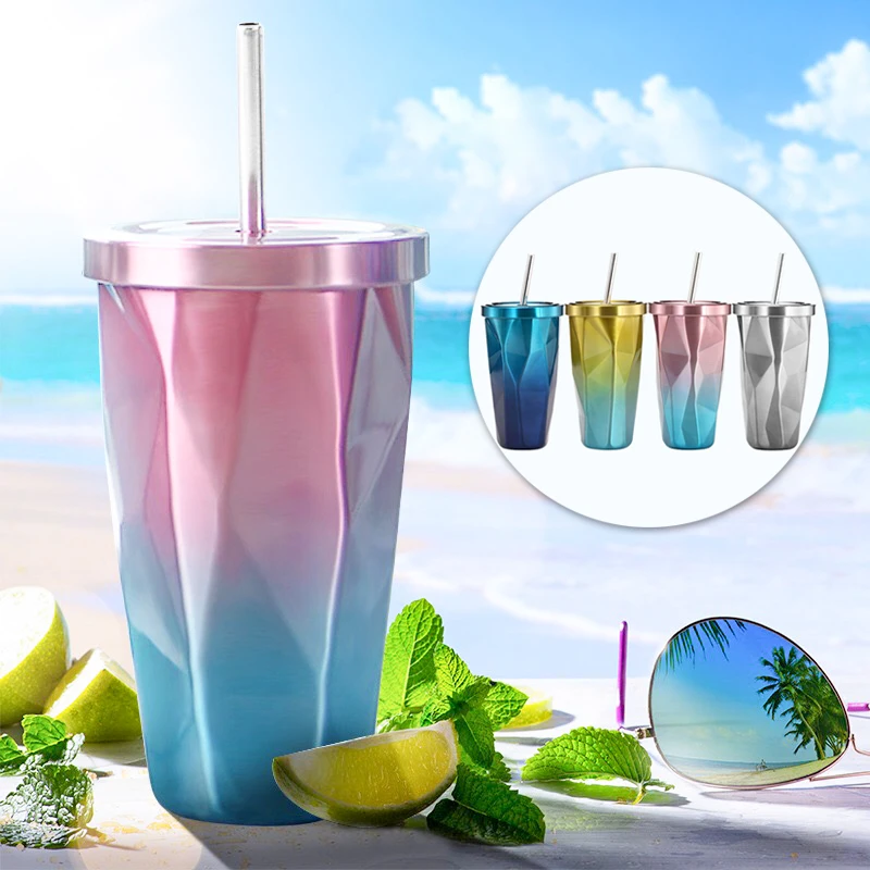 

500ml Stainless Steel Diamond Coffee Mug with Lid Straw Gradient Color Milk Tea Drinking Bottle Tumbler Bar Party Beach Hot Cold