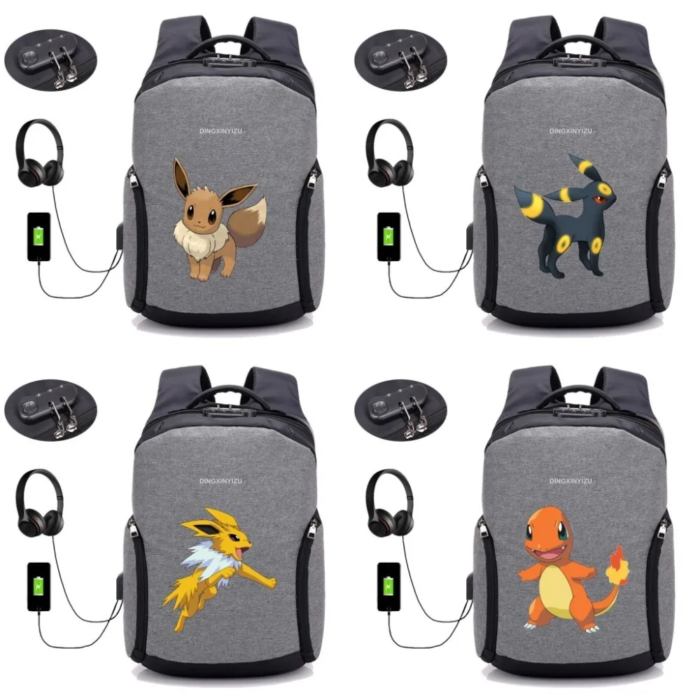 

USB Charging Anti-theft backpack anime Pokemon Pikachu backpack student bookbag men Travel Laptop backpack