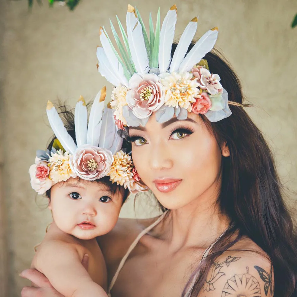 

2 pc/ Set Feather Flower Crown For Mom Hair Bands New Headbands Mother Kids Matching Headwear Hair 2018 New