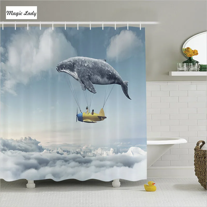 Shower Curtains For Kids Bathroom Accessories Dream Whale Clouds Decor Aeroplane Blue White Yellow Home 180*200 cm | Дом и сад