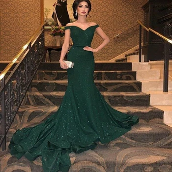 

Dark Green Evening Dress Long 2019 Off The Shoulder Vestidos De Festa Court Train Floor Length Formal Party Dresses