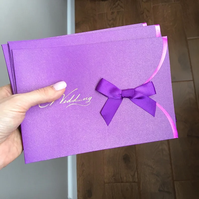  L008 Elegant Wedding Invitation card classic desing while color with satin bow 10 pcs per pack. - 32975231776