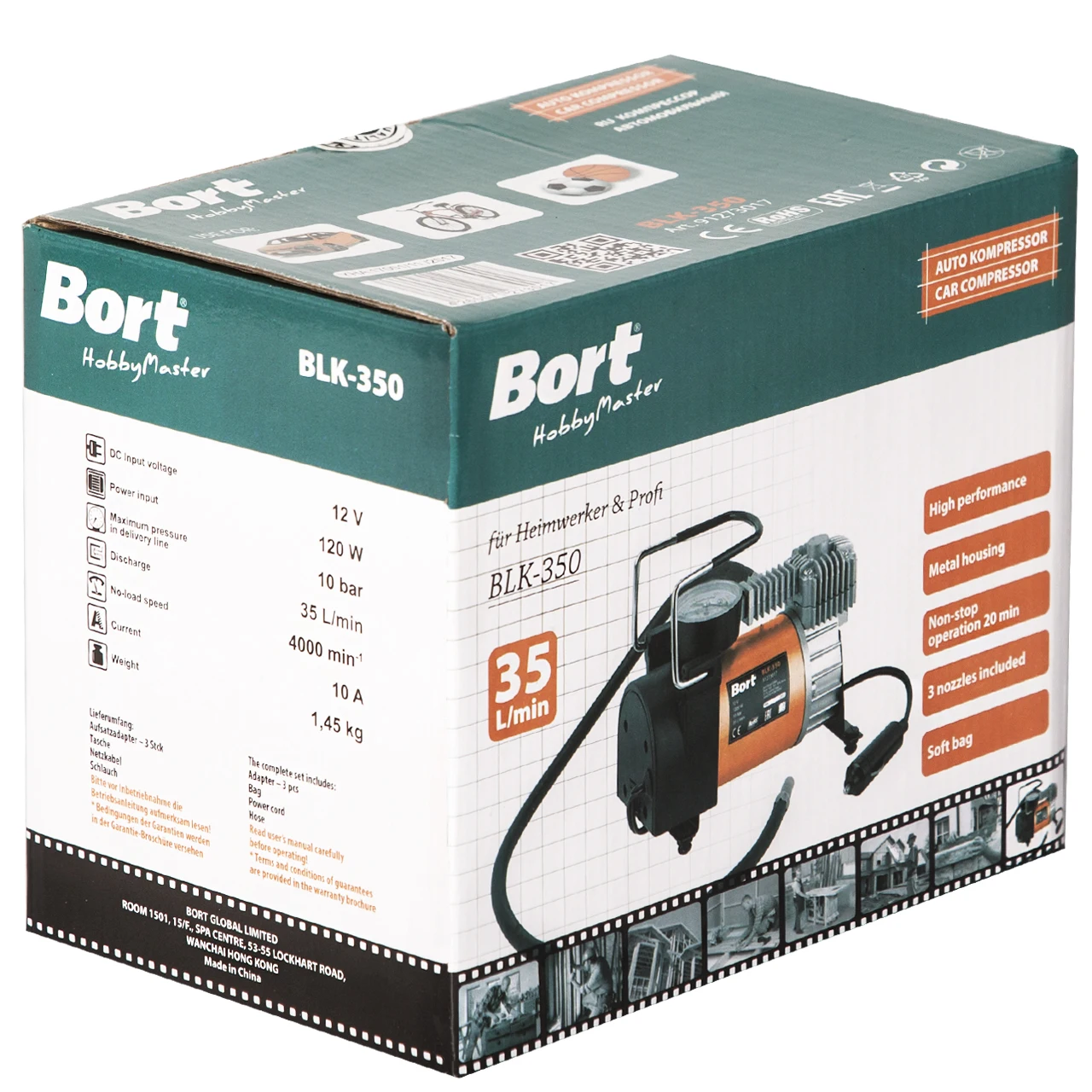Компрессор автомобильный BORT BLK-350 (давление 10 бар, производительность 35 л/мин)