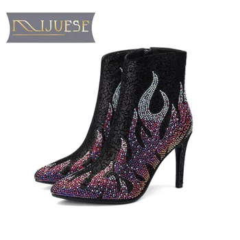 

MLJUESE 2019 women ankle boots Kid Suede Rome style crystal winter warm boots high heels women boots party dress size 33-43
