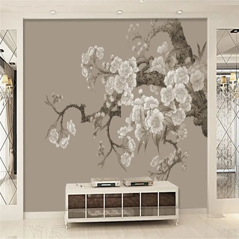 

Chinese painting art plum layered hand-painted flowers and birds background wall custom wallpaper mural