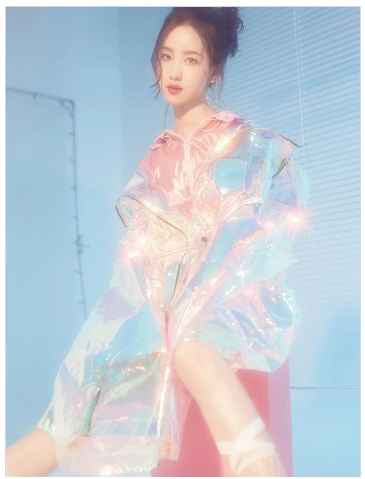 

Hologram Glitter Trendy Women Zipper Hooded Jacket Bling Laser Reflective Coats Shine Punk Dance Long Hip Hop Jacket Ads Model