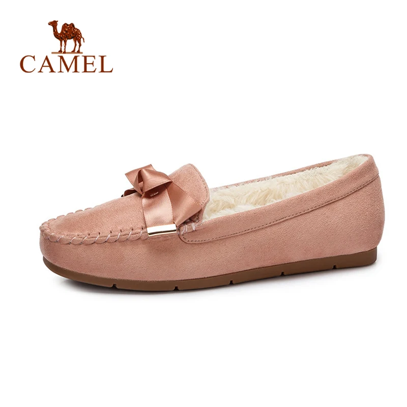 

CAMEL Winter New Flats Women Fashion Butterfly Knot Casual Single Shoes Women Short Plush Fur Comfort Warm Slip On Bean Shoes