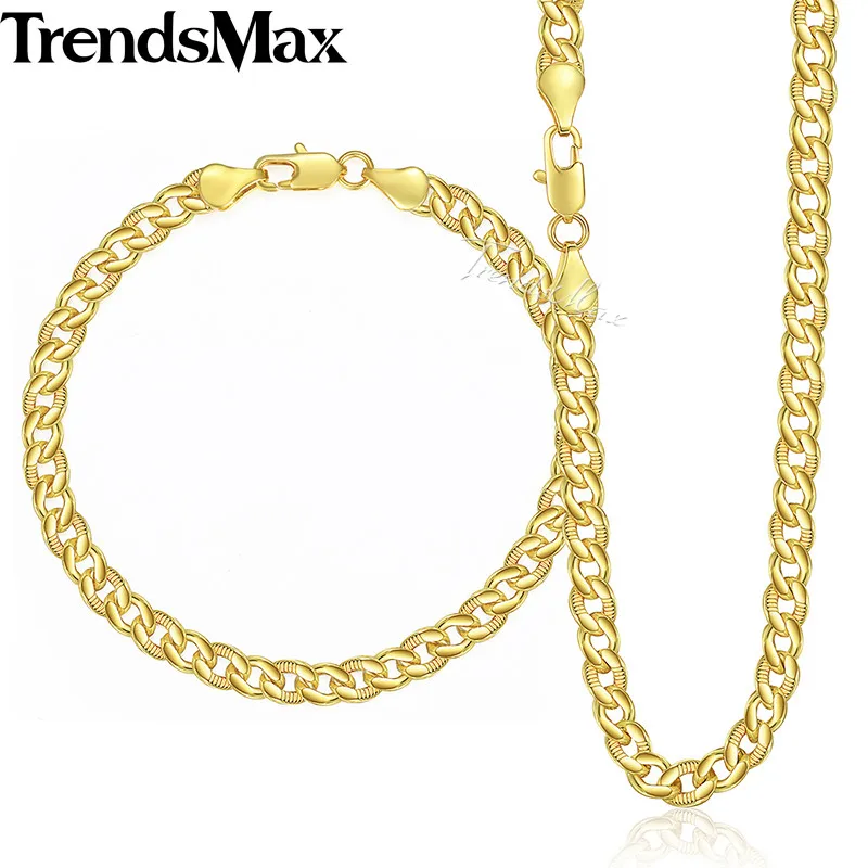 Trendsmax Curb Cuban Link Chain Womens Bracelet Necklace Jewelry Set Men Yellow White Rose Gold Filled 585 5mm KGSM03