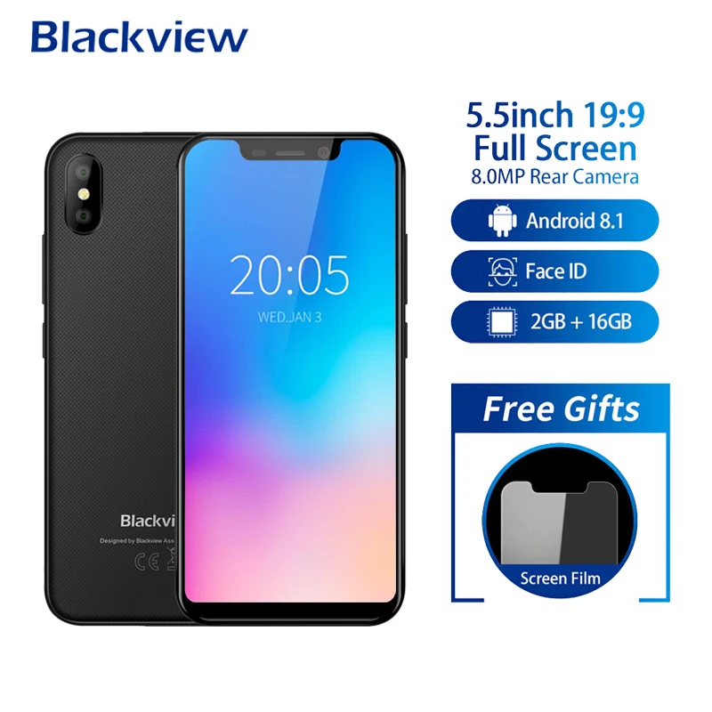 

Blackview A30 Dual Sim Smartphone 5.5" 19:9 Full Screen Mobile Phone Android 8.1 MTK6580 Quad Core 2GB+16GB Face ID 3G Cellphone