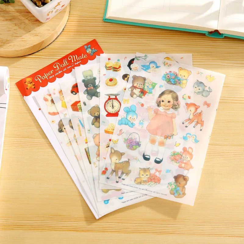 

6PCS New Translucent Cute Stickers Paper Girls Combination Paper Doll Mate Children Notebook Stationery Decorative Stickers