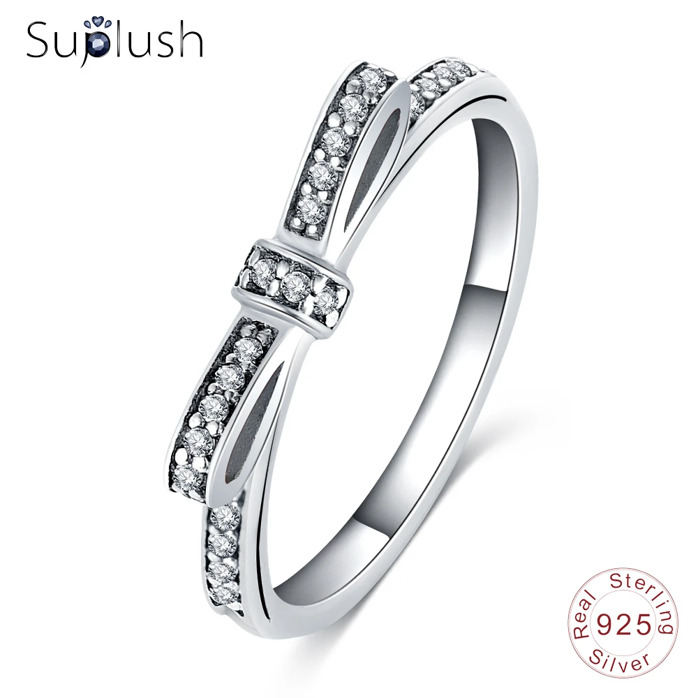 

Suplush Authentic 925 Sterling Silver Sparkling Bow Knot Stackable Ring Micro Pave CZ for Women Wedding Jewelry PSRI0005-B
