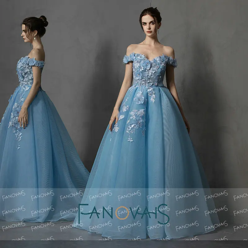 Blue Off Shoulder Evening Dresses Long With 3D Flowers Prom Dresses 2019 vestidos de fiesta largos elegantes de gala