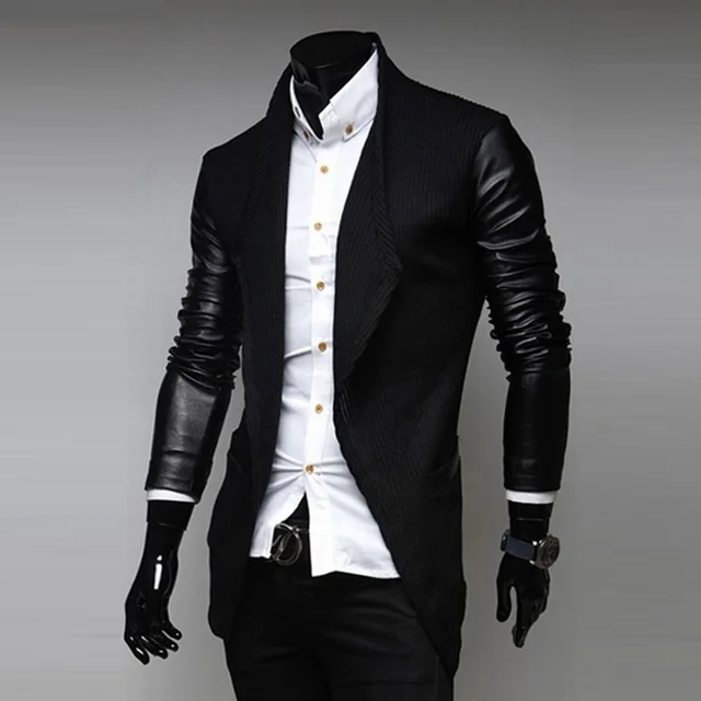 Fashion Men Jacket Formal Long Sleeve Slim Faux Leather Wedding Coat ...