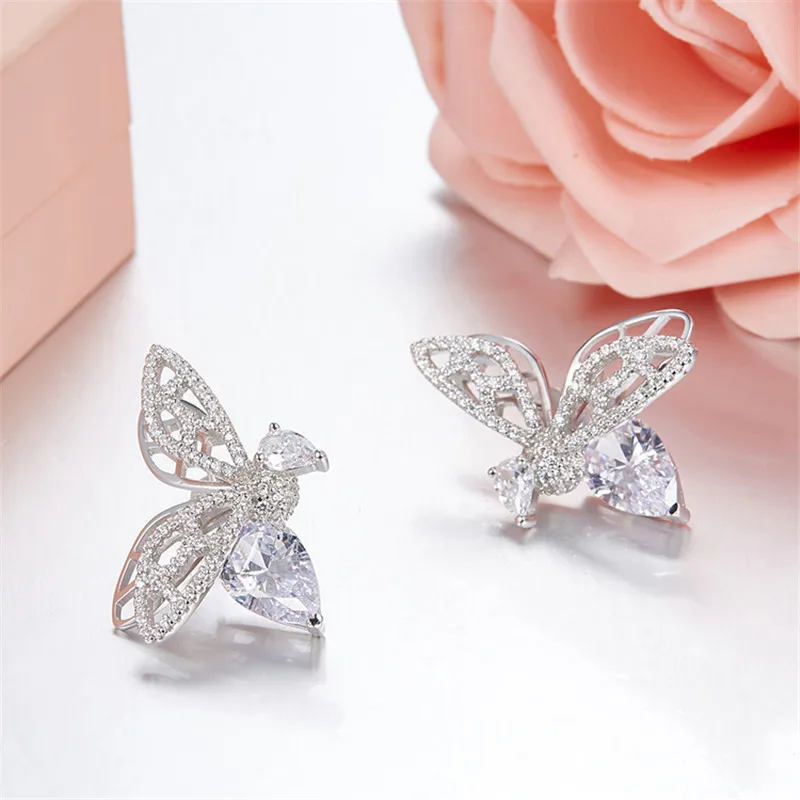 

ZOZIRI Brand 925 Sterling Silver small Bee Stud Earrings 3A Cubic Zirconia Stones Monaco Women Party Birthday Jewelry Gift