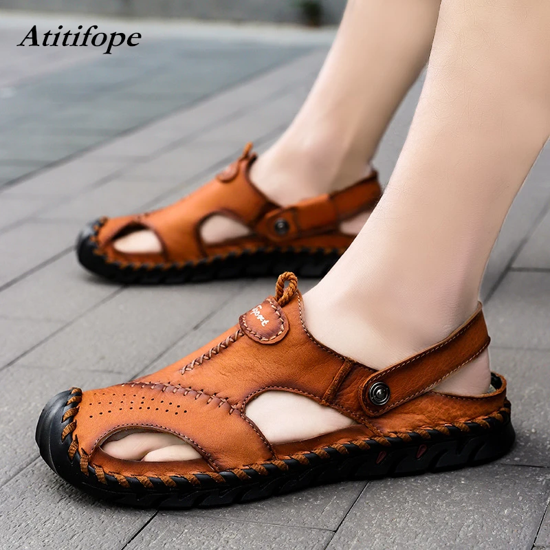 

Men's Sandals Leather Breathable Close-Toe Sandals Non-Slip Summer Adjustable Beach Fisherman Slippers Outdoor
