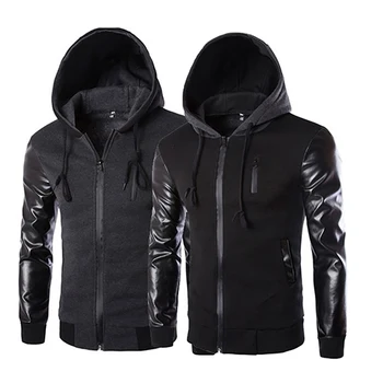 

Men Fashion Korean Style Cool Hooded Pocket Zip Faux Leather Sleeve Jacket Coat