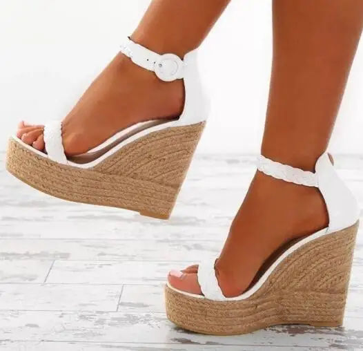 

Moraima Snc Women Sexy Wedge Sandals Pumps Platform High Heels Rope Braided Platform Shoes PU Leather Zapatos Mujer