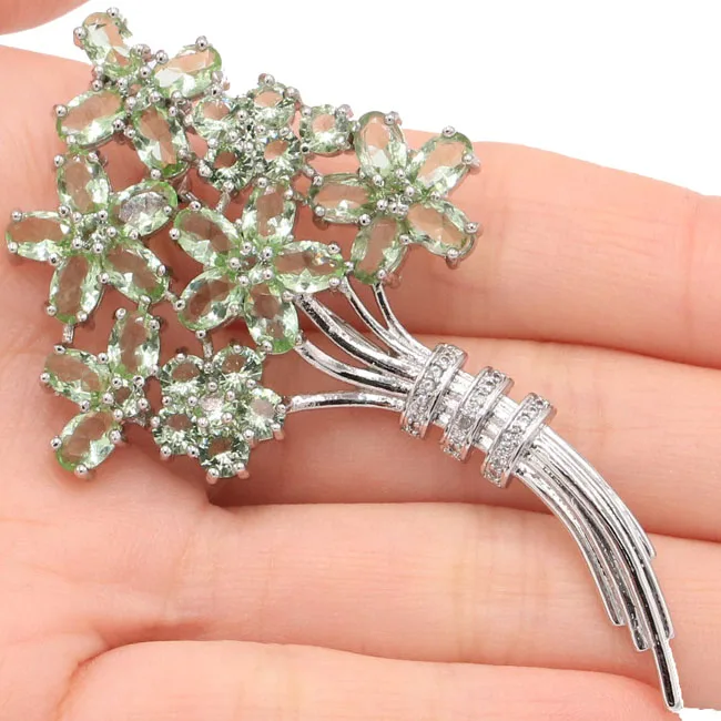 

SheCrown New Arrival Flowers Shape Green Amethyst Gift For Girls Silver Brooch 72x41mm