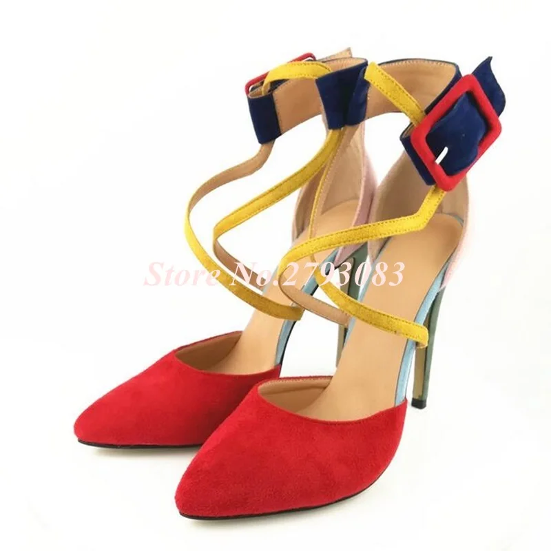 Real-Photo-Patchwork-Women-Sandals-2019-Red-Pink-Yellow-Suede-Leather-Buckle-Ankle-Strap-Thin-Heels