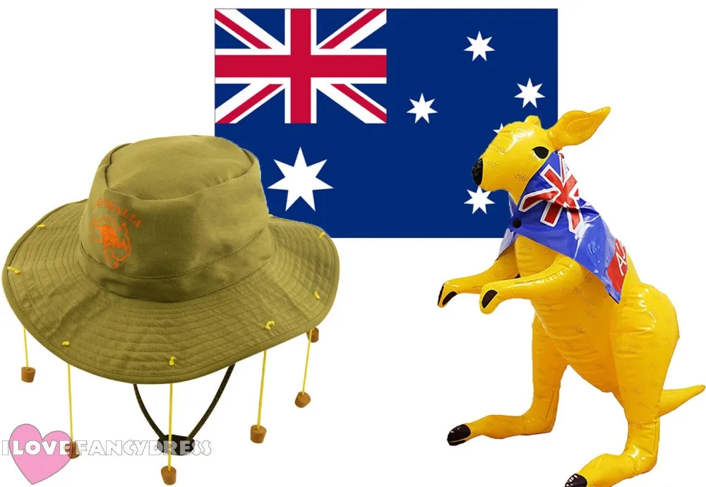 AUSTRALIA DAY FANCY DRESS SET LARGE AUSSIE FLAG AUSTRALIAN CORK HAT WITH KANGAROO PRINT INFLATABLE CROCODILE OZ COSTUME AUSSIE DUNDEE CORK HAT + AUSTRALIAN FLAG + INFLATABLE KANGAROO