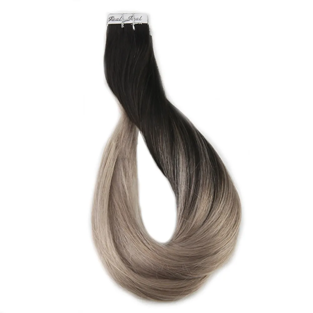 

Full Shine Ombre Tape in Hair Extensions Human Hair Machine Remy Hair Extensions #1B Fading to 18 Ash Blonde Glue on Hair 20 Pcs